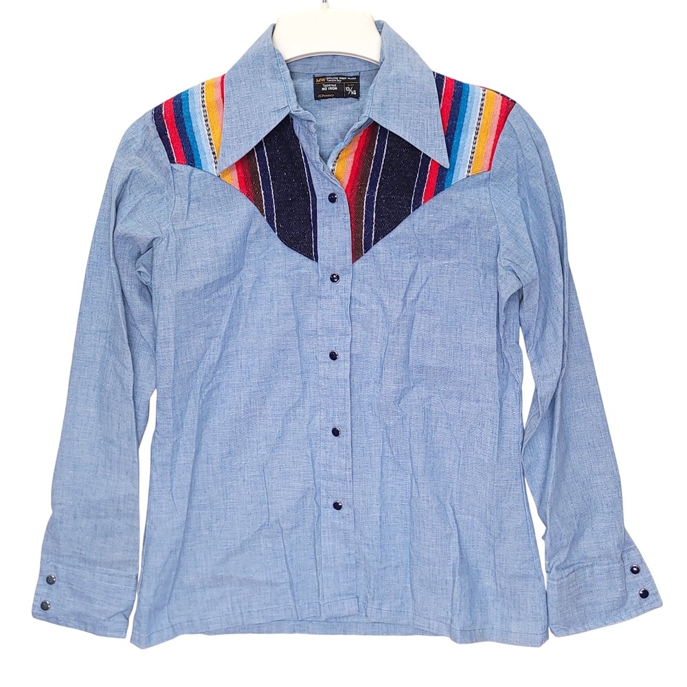 Vintage JCPenney MW Western Shirt Blue Chambray Striped Yoke Women Size 13/14